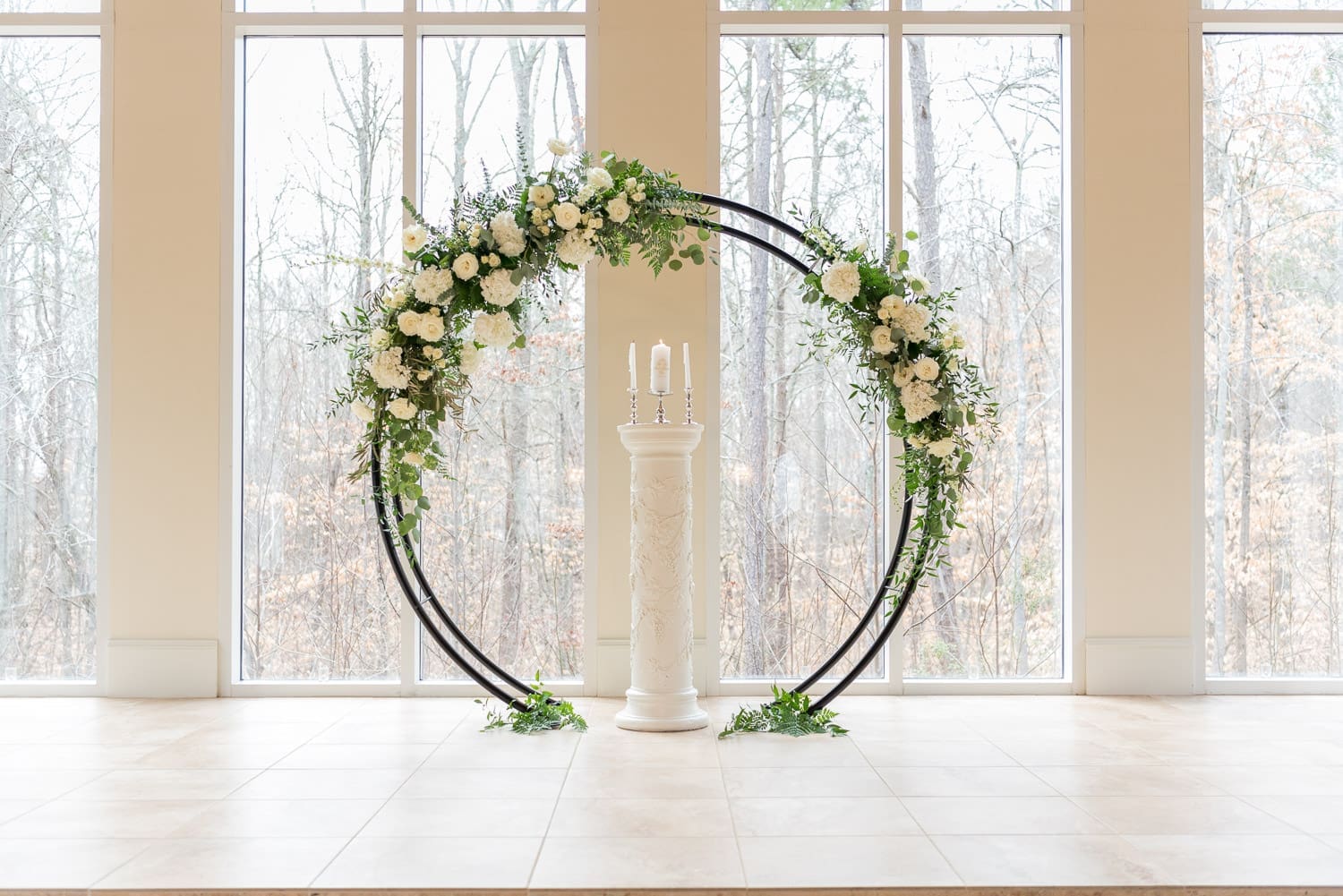 Classic white rose/greenery alter display by Rittenhouse Designs (florist/floral designer, Atlanta GA)